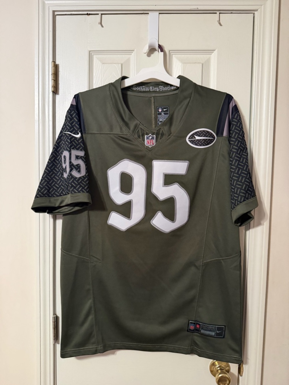 Nike Men's Olive Green #95 Football Jersey with Black Patterned Sleeves